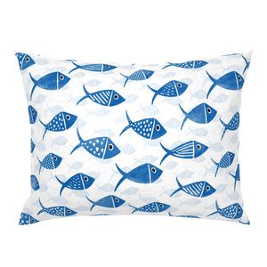 Blue and white Nautical School of Fish on a pillow sham with striped, dotted and geometric hand-drawn fish.