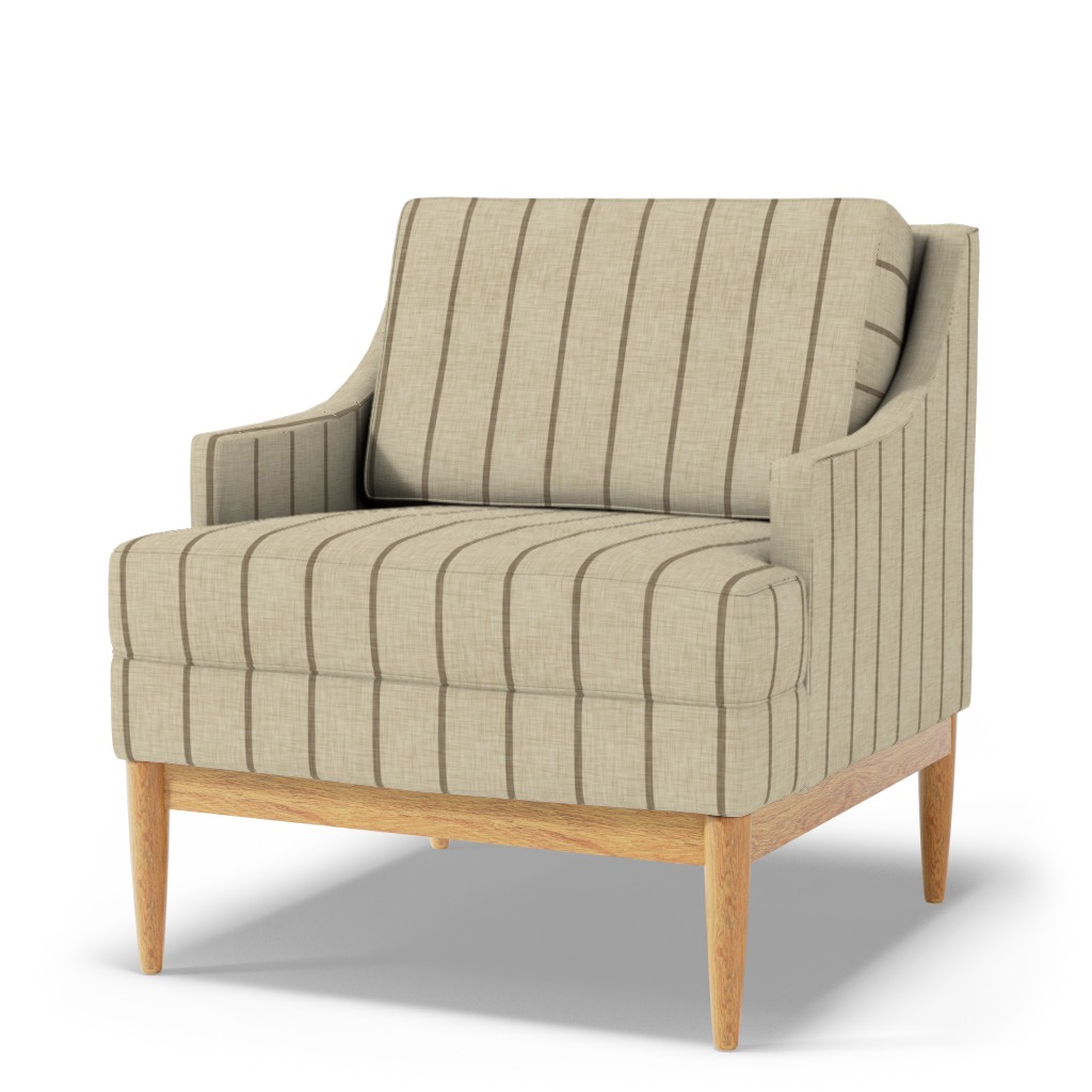 Upholstered armchair in warm beige fabric with narrow dark brown stripes and a soft linen-look texture.