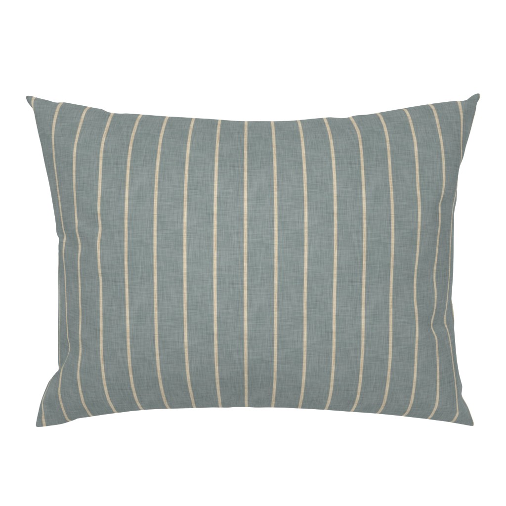 Rectangular pillow sham in slate blue-grey with narrow beige vertical stripes and a subtle linen-look surface.