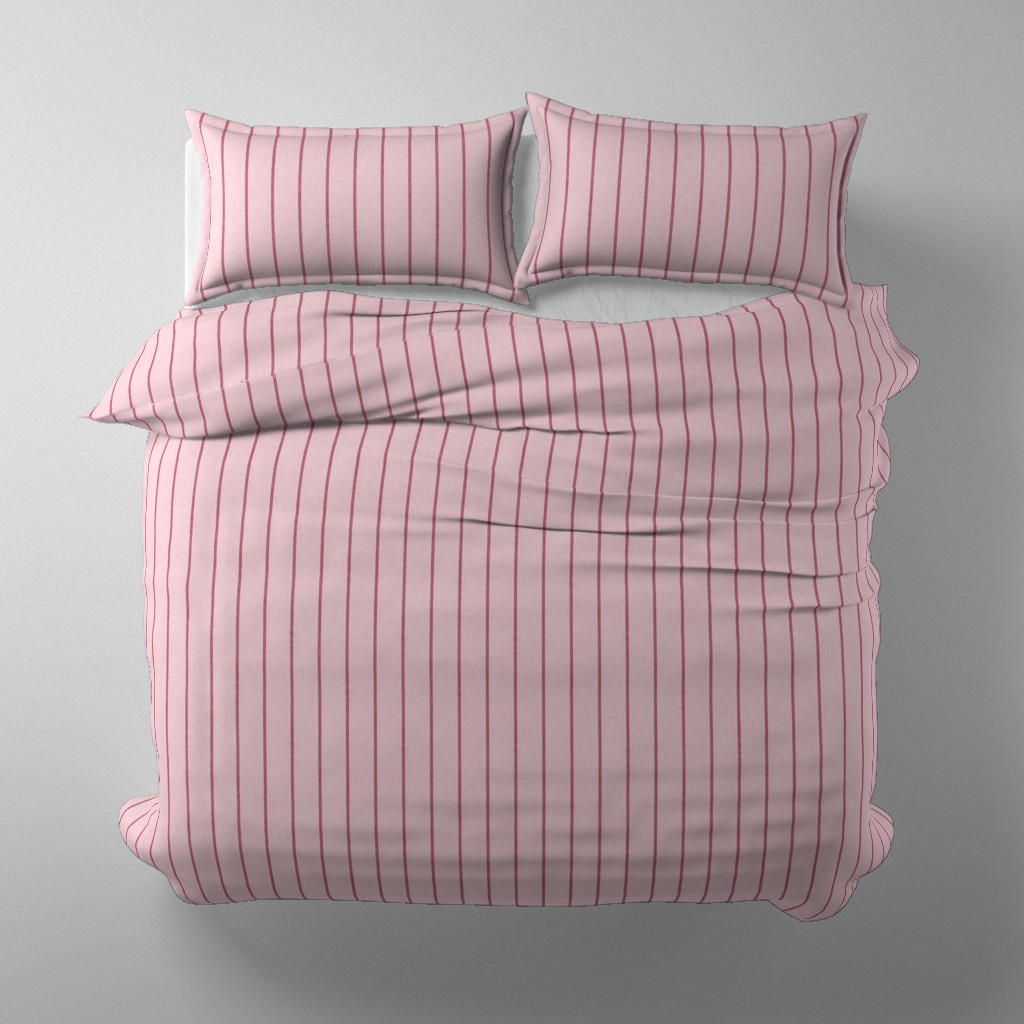 Pink and dusty rose striped duvet cover and pillows featuring the Linen Look Antique Vintage Stripe by Roselk Design.