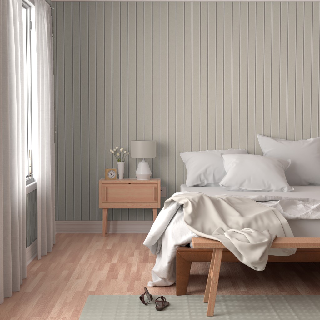 Beige Nantucket Linen Textured Stripe wallpaper behind a bed with neutral bedding and a wooden bedside table.