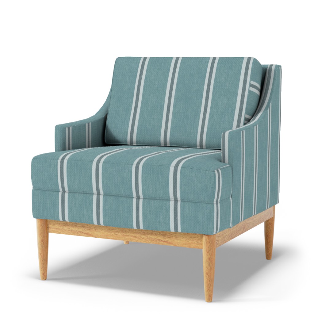 Armchair upholstered in muted blue Nantucket Linen Textured Stripe fabric with broad blue bands and fine light stripes.
