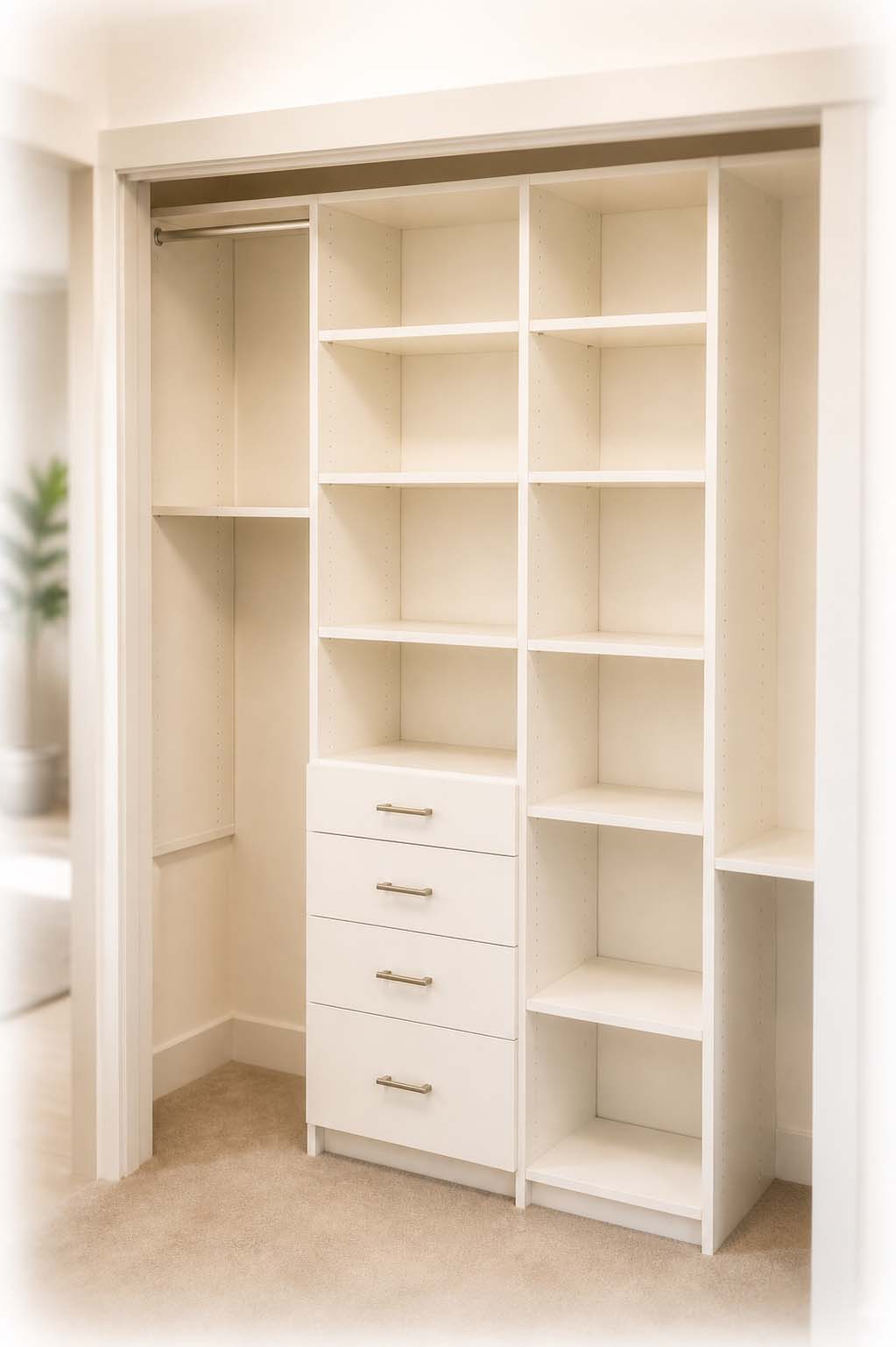 Space-saving custom hallway storage with cream colored cubbies.