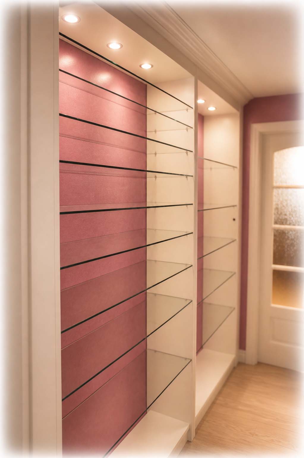 Custom built-in shelving in a hallway