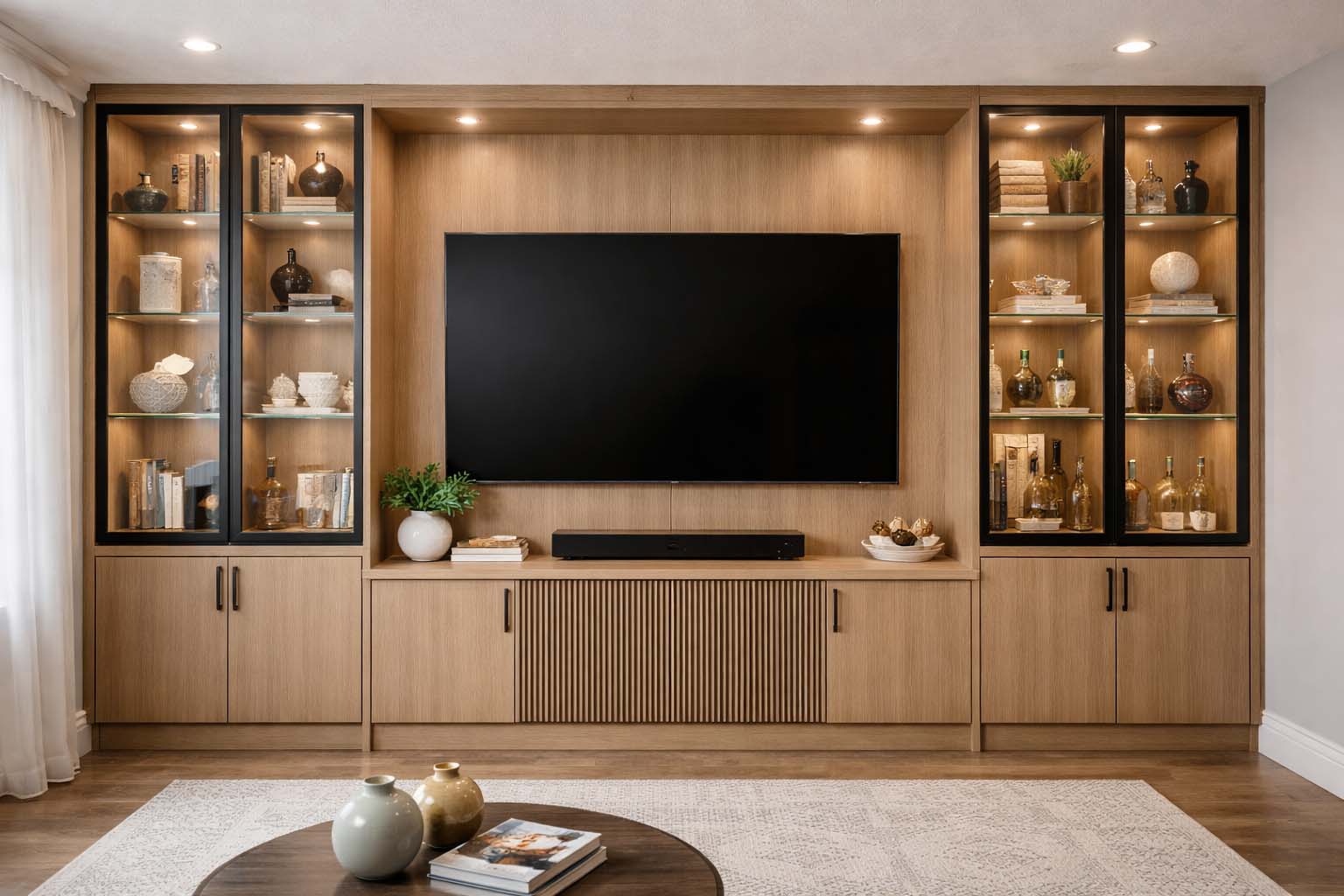 Custom built-in storage for a media room, laundry room, craft room, or other multifunctional home space.