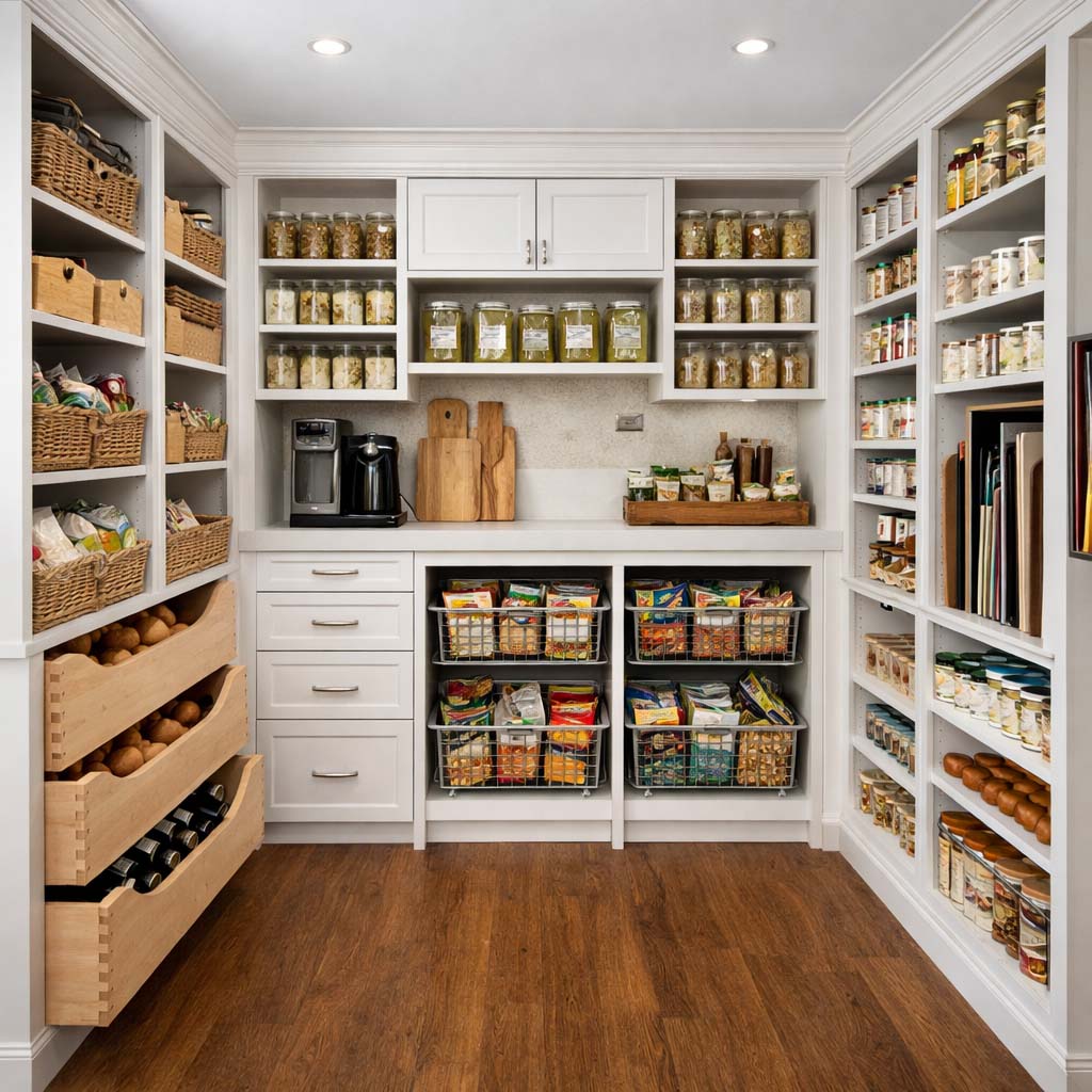 Modern walk-in pantry with custom storage solutions