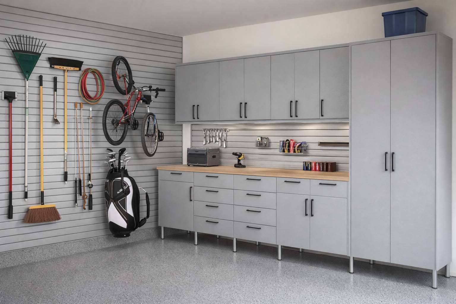 Custom garage storage with built-in cabinets, wall organization, and workspace storage.