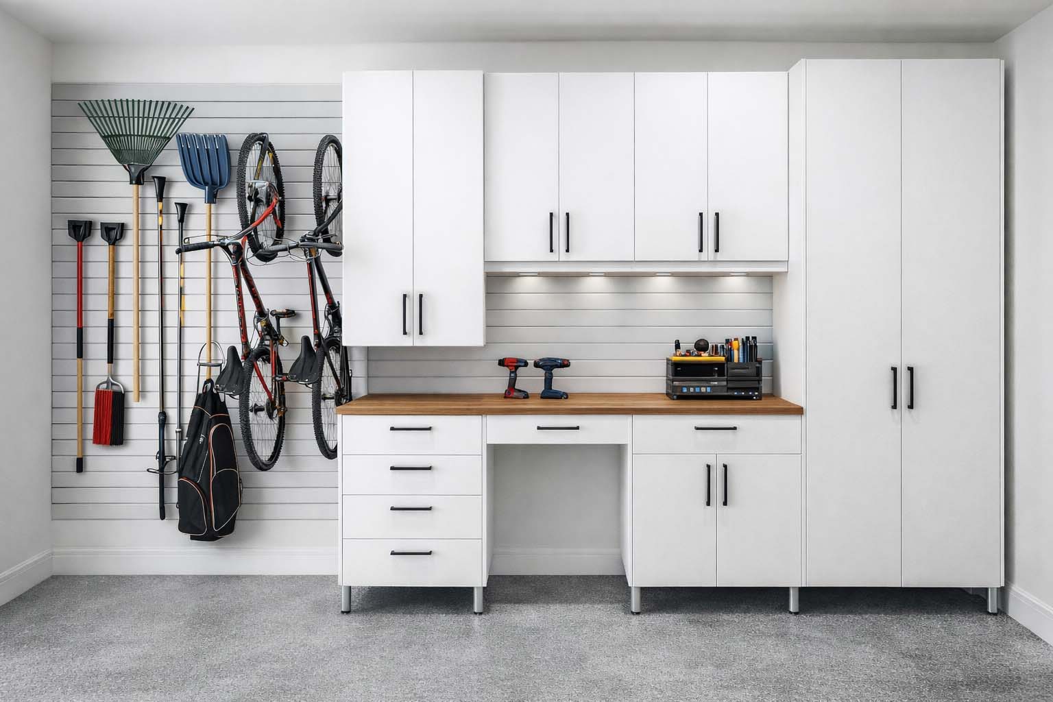 White built-in garage storage cabinet with open shelving and drawers