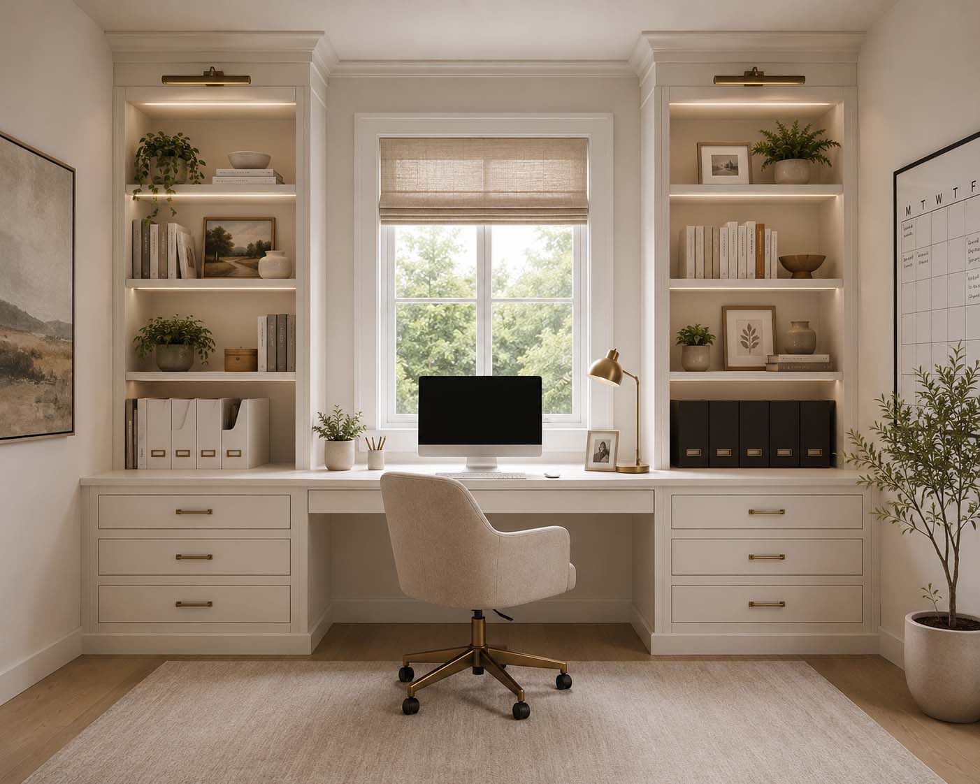 Home office with built-in desk, drawers, and wall-to-wall cabinetry