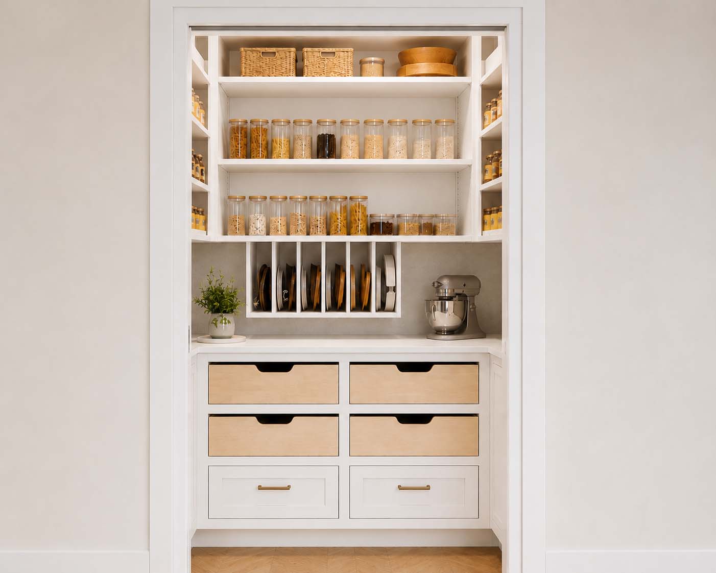 Custom kitchen pantry storage with open cubbies, drawers, and shelving