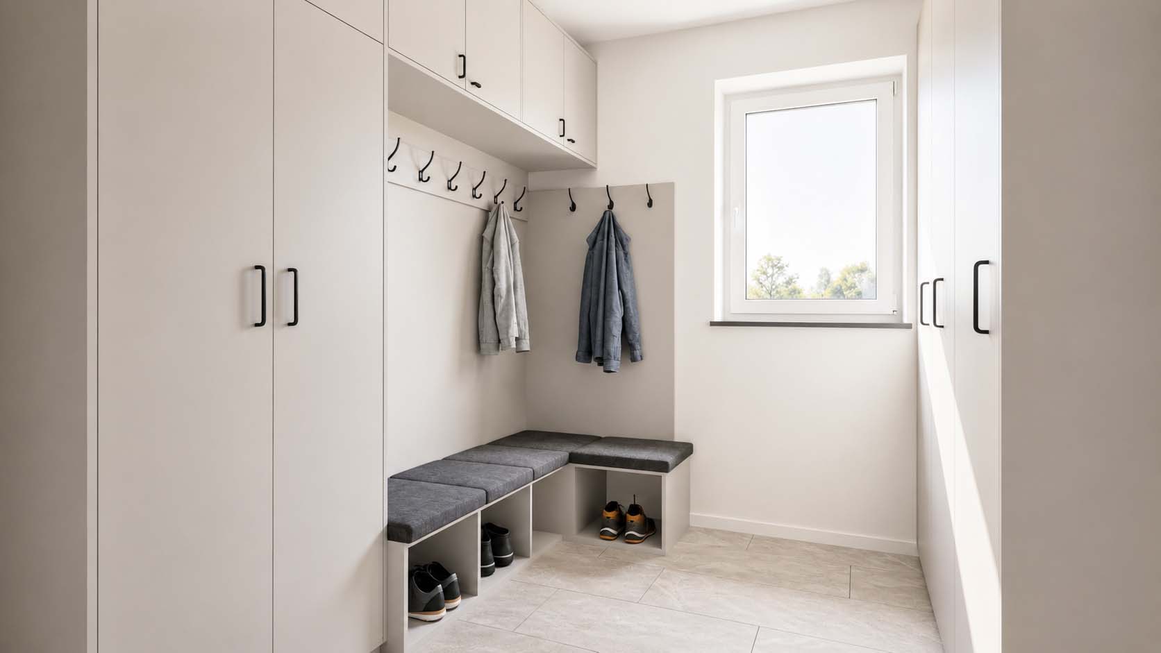 Custom mudroom with built-in bench, cubbies, and coat storage