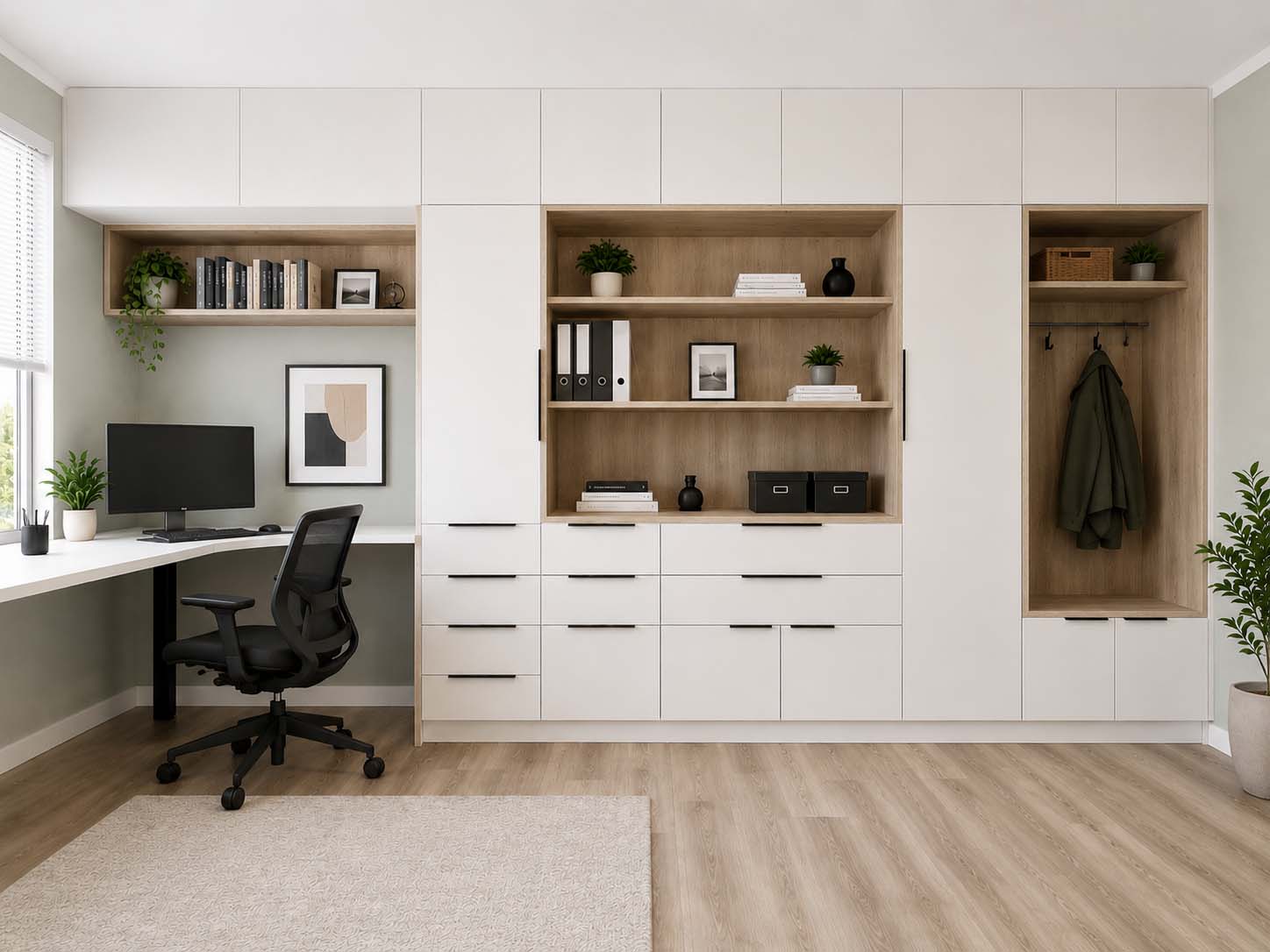 Custom home office with built-in desk, cabinets, shelving, and organized workspace storage.