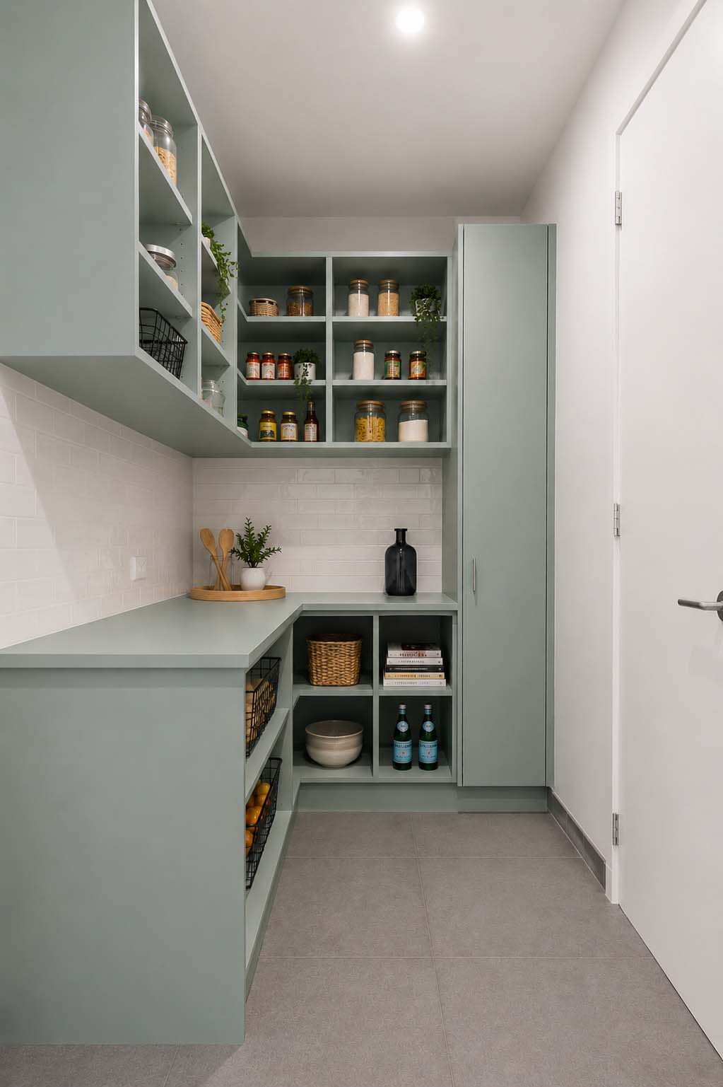 Organized pantry with custom shelving and food storage