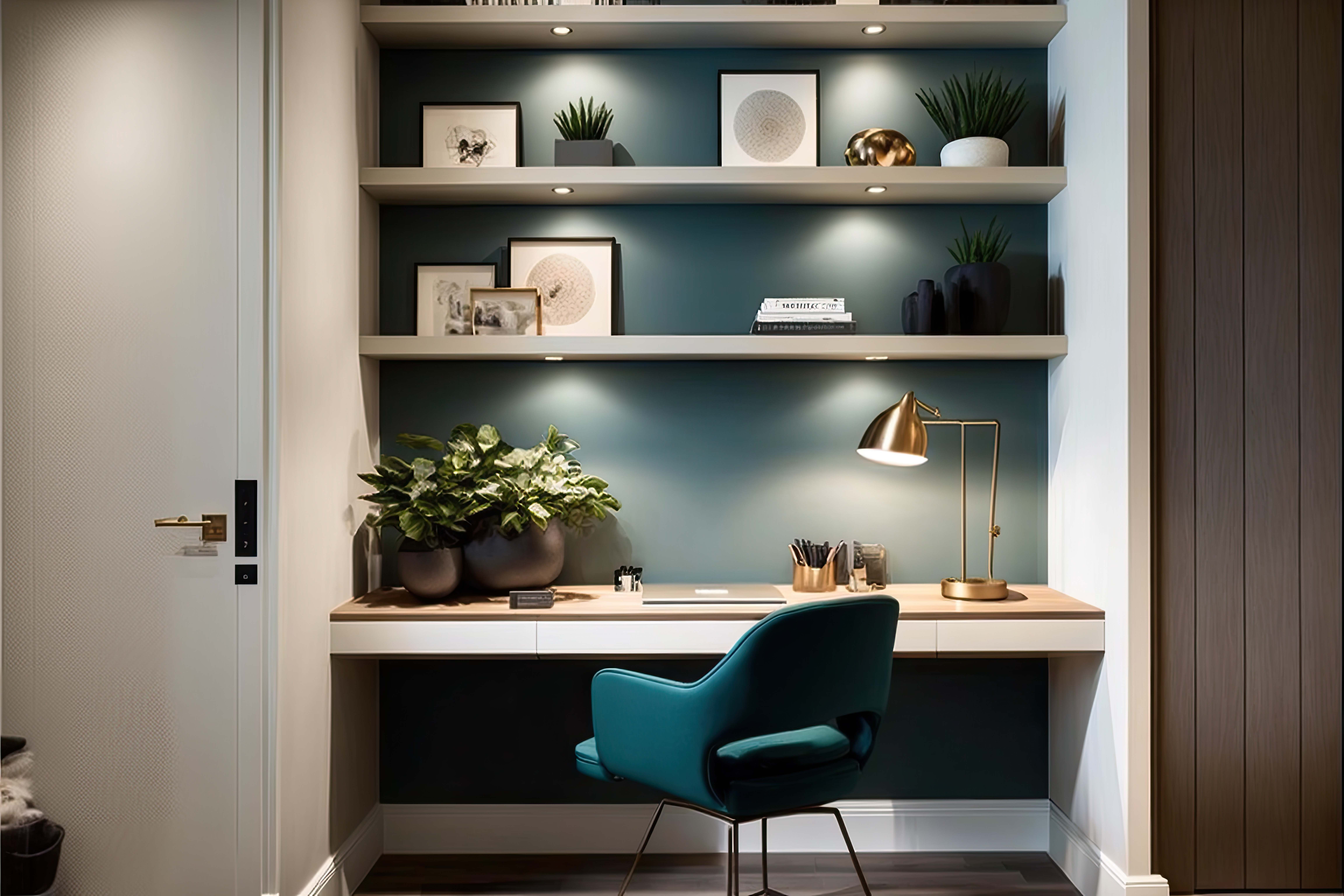 Modern home office nook with built-in desk, shelving, teal chair