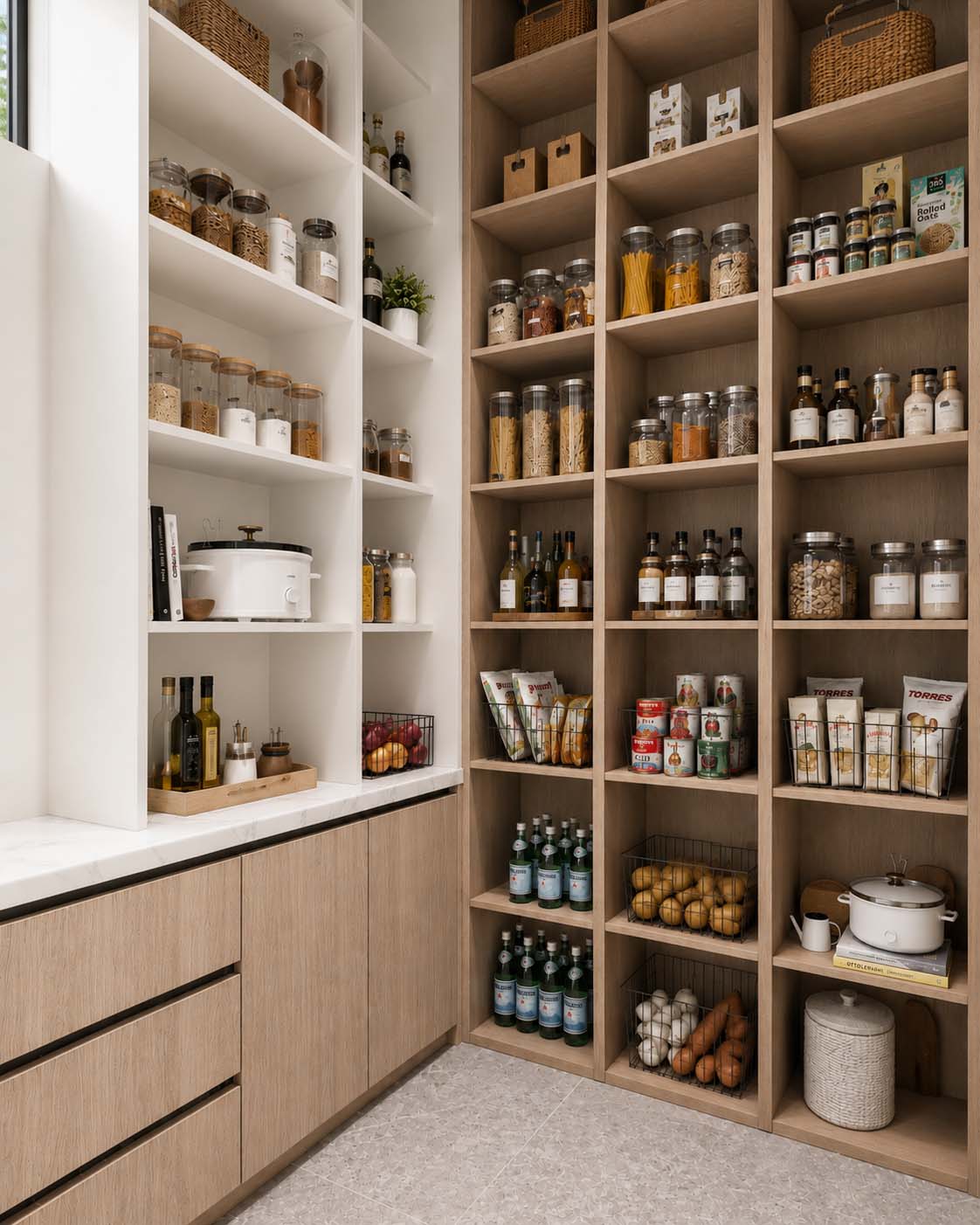 Luxury kitchen pantry with white and light wood finish.