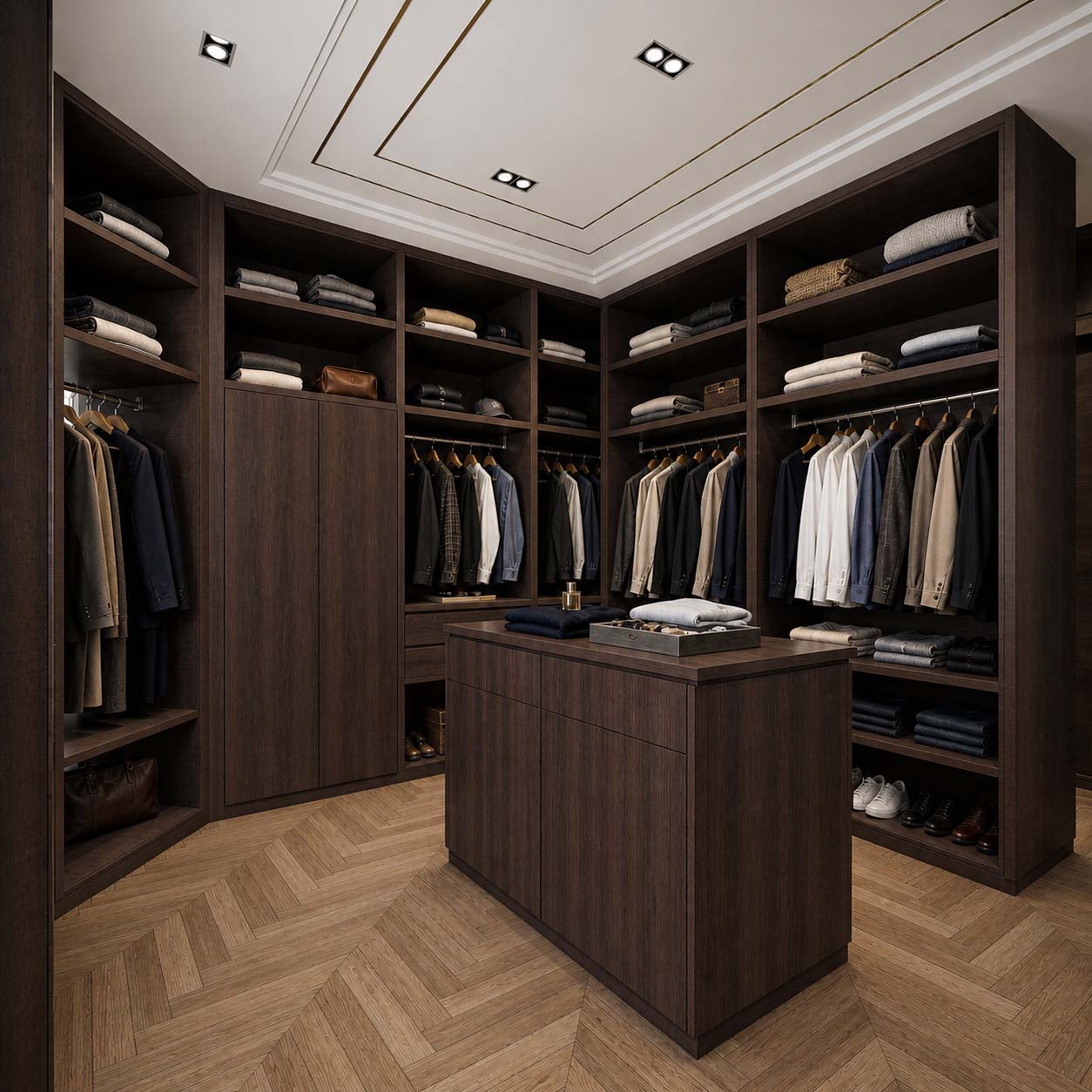 Warm wood custom closet with vertical paneling and shelving