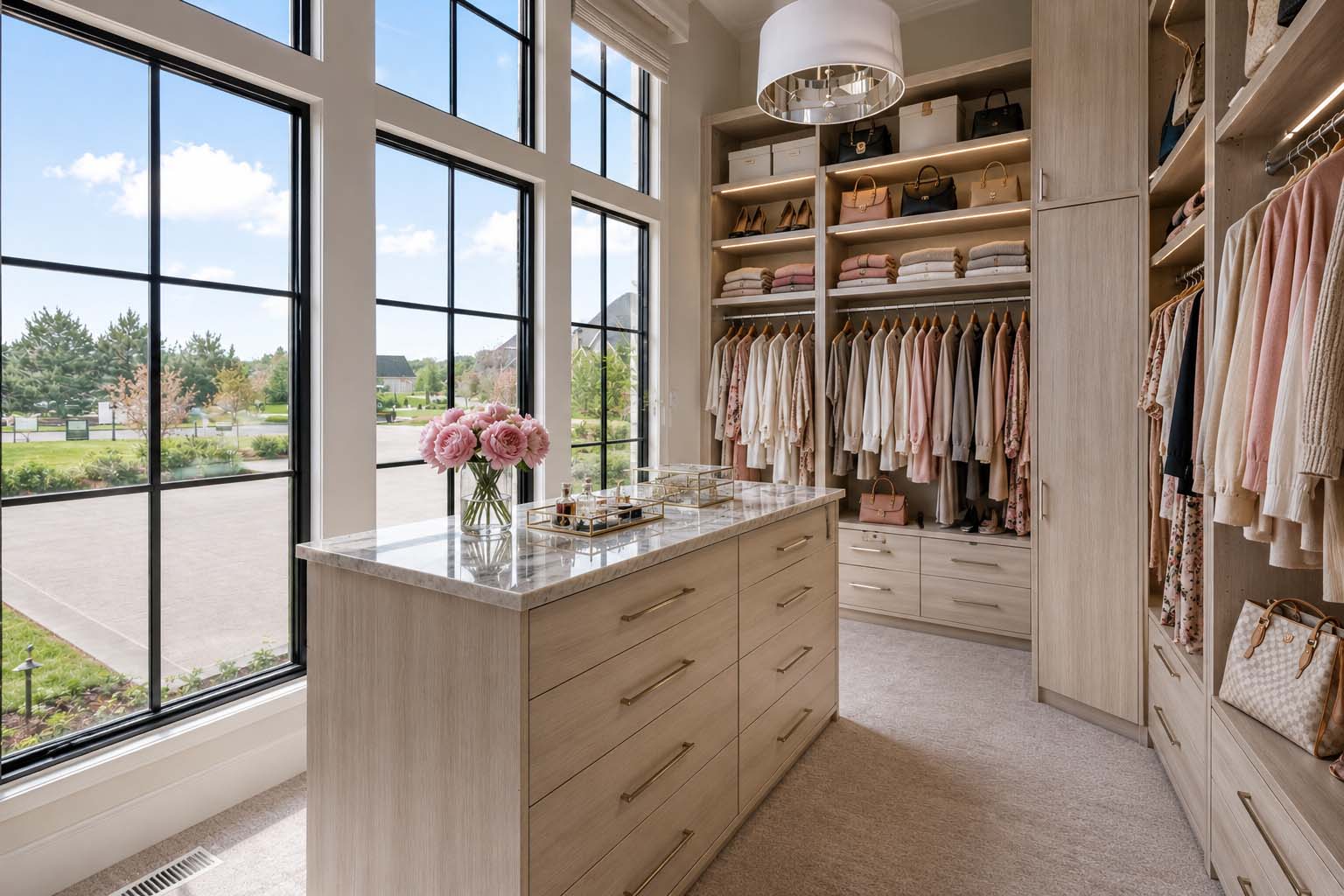 Custom walk-in closet with built-in shelving, drawers, and hanging storage.