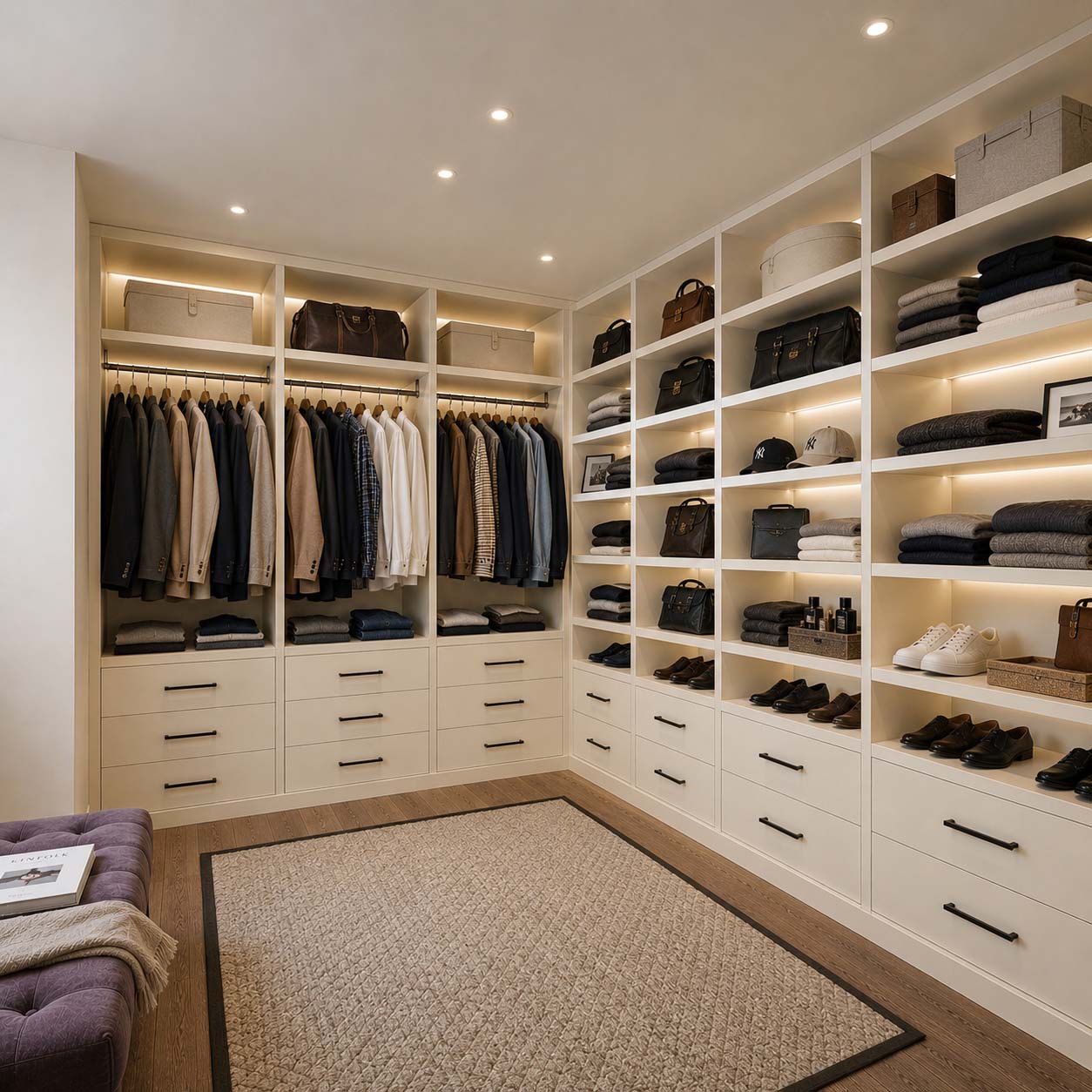 Custom walk-in closet with built-in shelving, drawers, and integrated lighting.