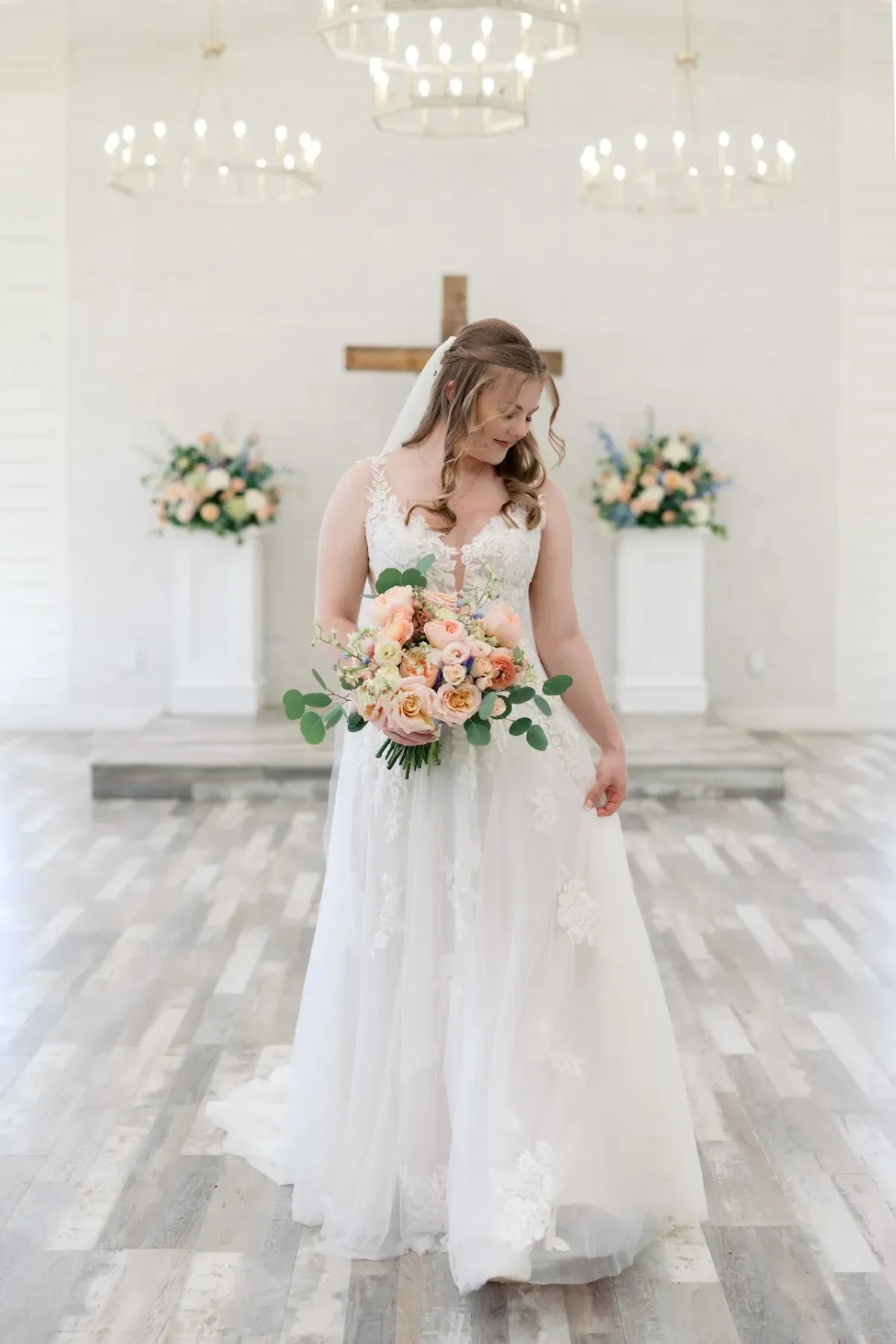 bride walking in east texas wedding hapel