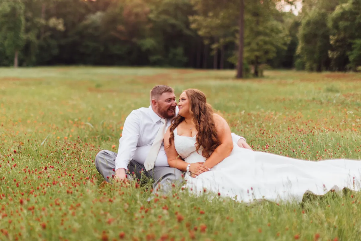 wildflower wedding photo of bride and groom