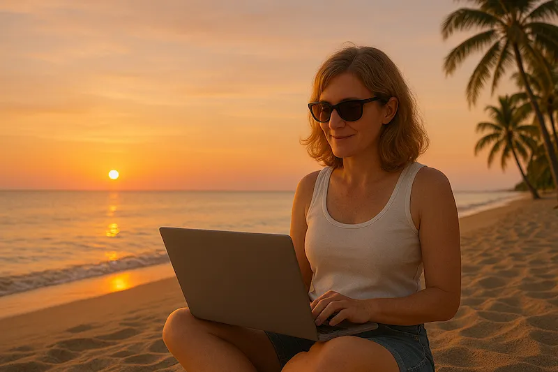 Coach working on laptop on the beach