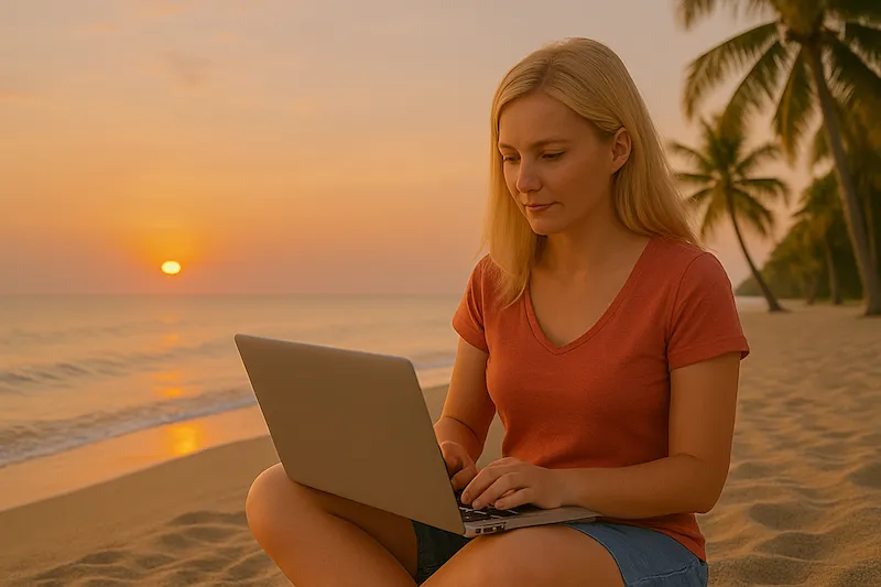 Coach working on laptop on the beach