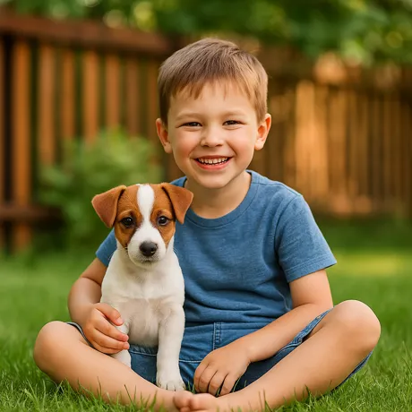 Jack Russel Terrier Puppy with child in yard