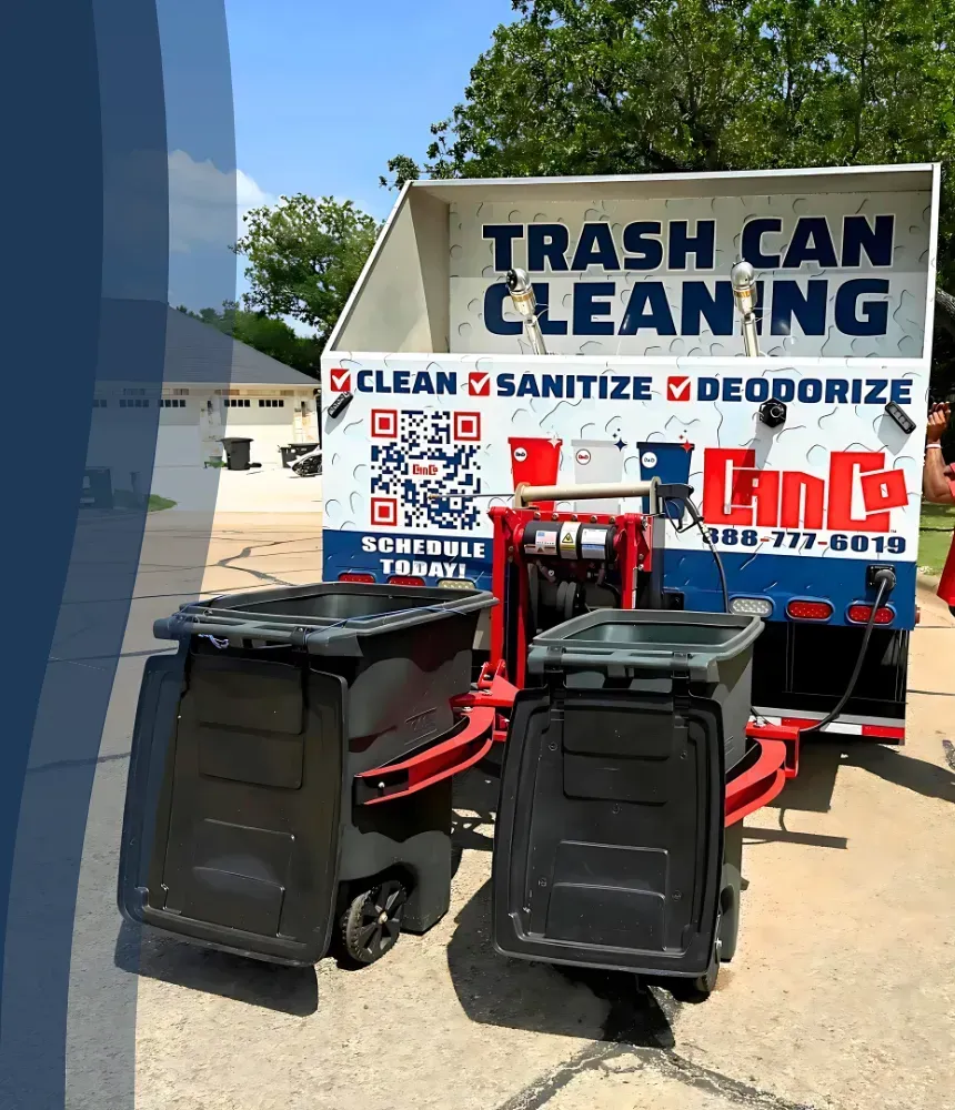 Trash can cleaning trailer with mounted bins, promoting sanitation services