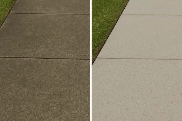 Roof with a visible line showing dirty shingles on one half and cleaned shingles on the other