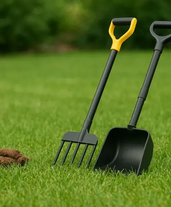 Dog waste removal tools on grass, including a rake and scoop.