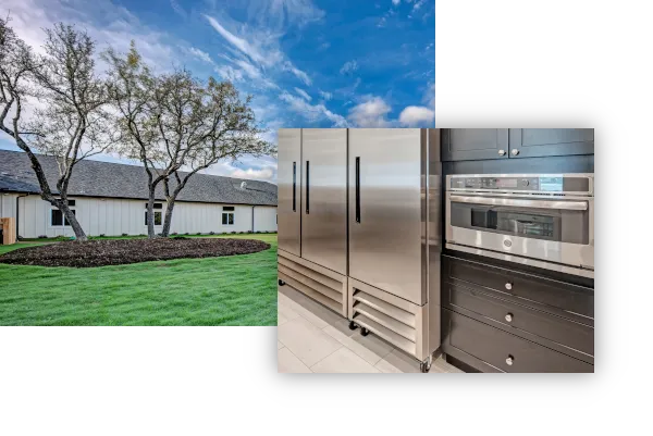 Symphony of Wimberley's courtyard outside the Assisted Living quarters, and another image of the kitchen.