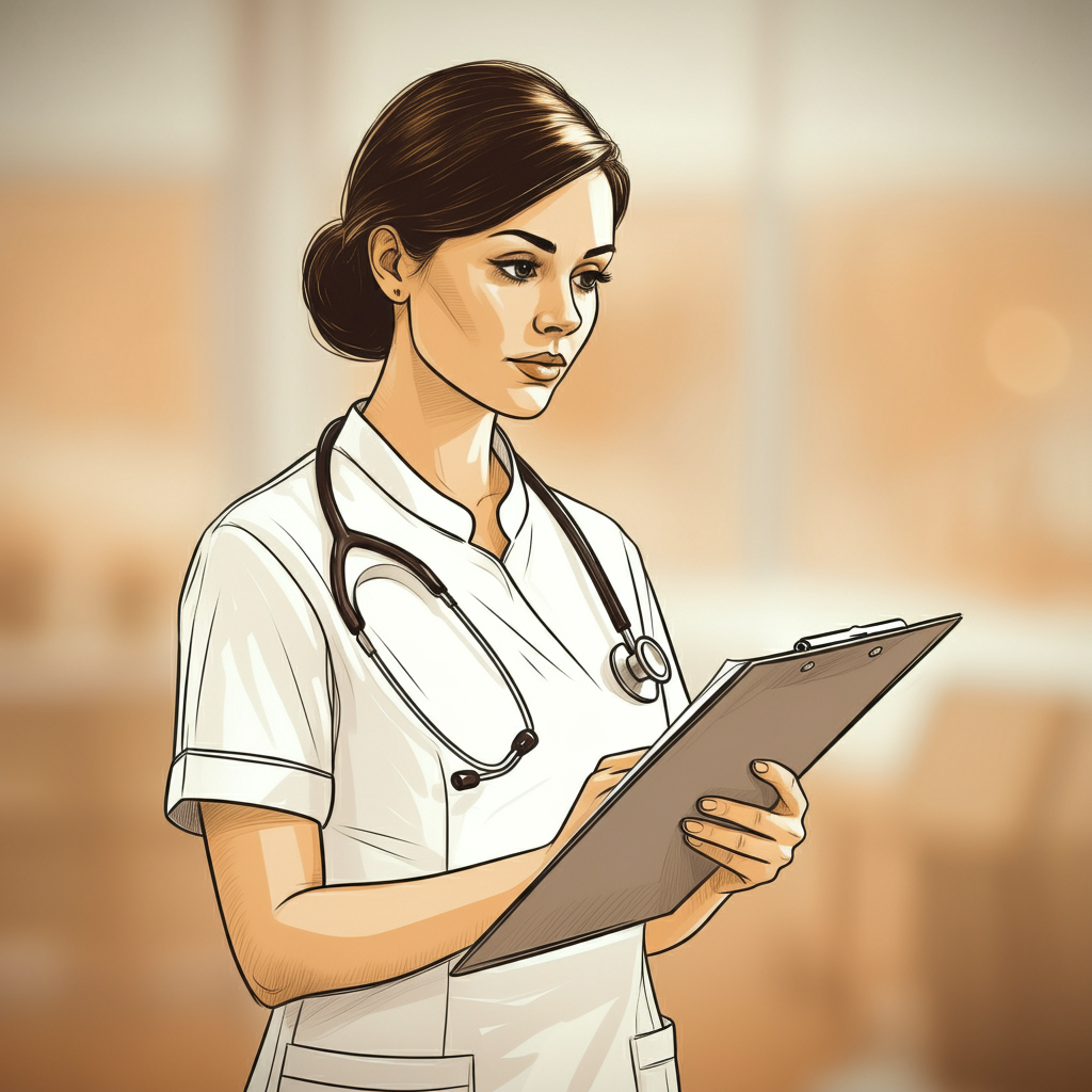 Image of a nurse holding a clipboard on a blurred background.
