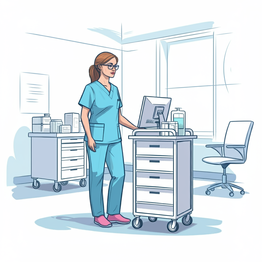 Image of a nurse holding a clipboard on a blurred background.