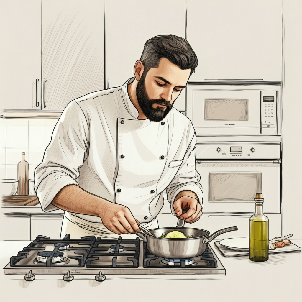 Image of a cook adding seasoning to a meal in a pain over the stove.