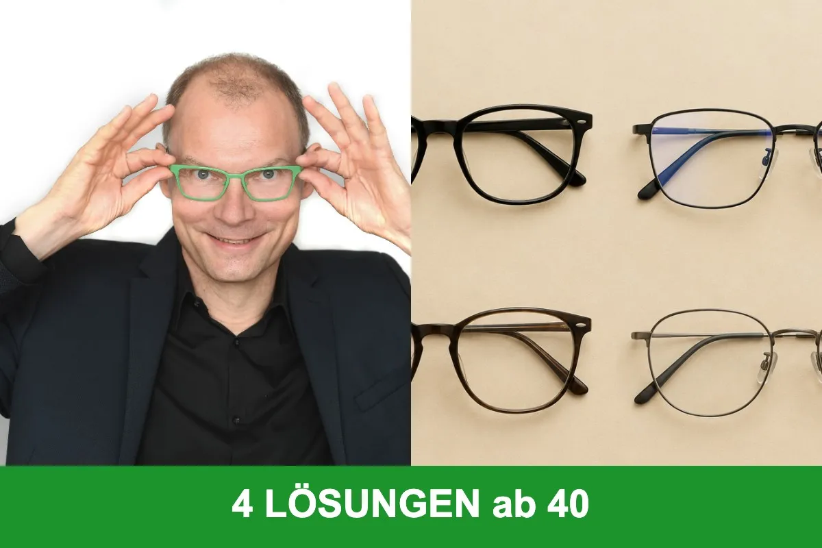 Edi Baldinger erklärt die vier Lösungen für die Nähe ab 40 — Lesebrille, zwei getrennte Brillen, Computerbrille oder RELAXBRILLE und Gleitsichtbrille