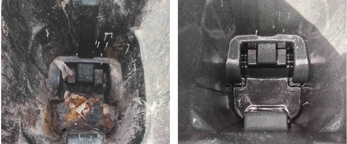 A split image showing the inside of a dirty waste bin on the left and a clean bin on the right, highlighting before and after cleaning.