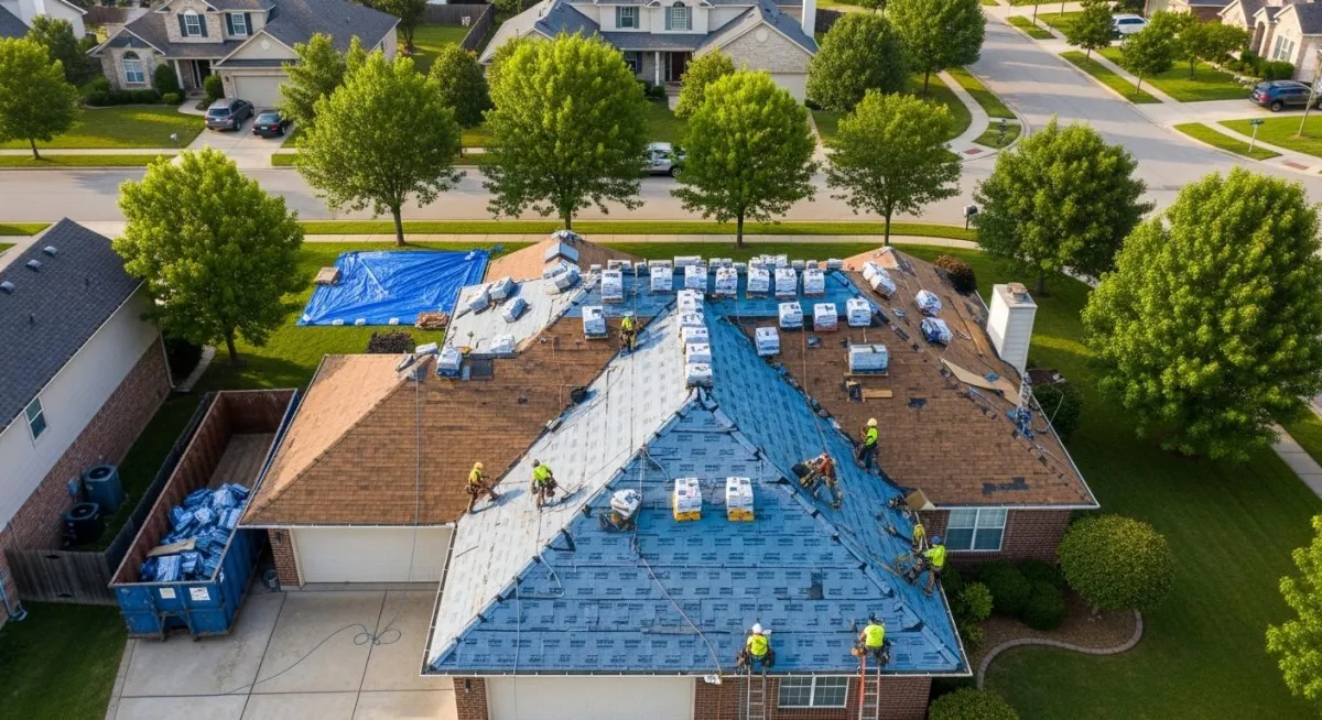 Residential roof repair project with workers removing old shingles from a home roof