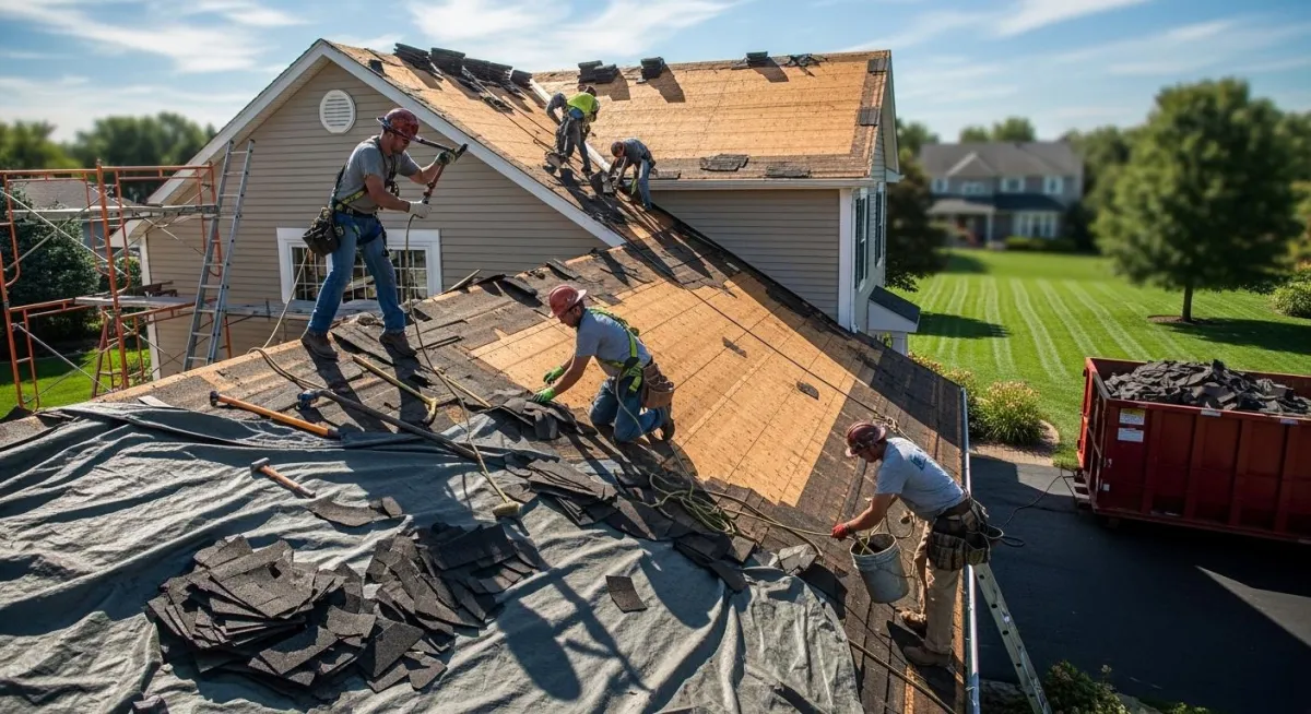 Aerial view of roof repair project on suburban home with new shingles installed