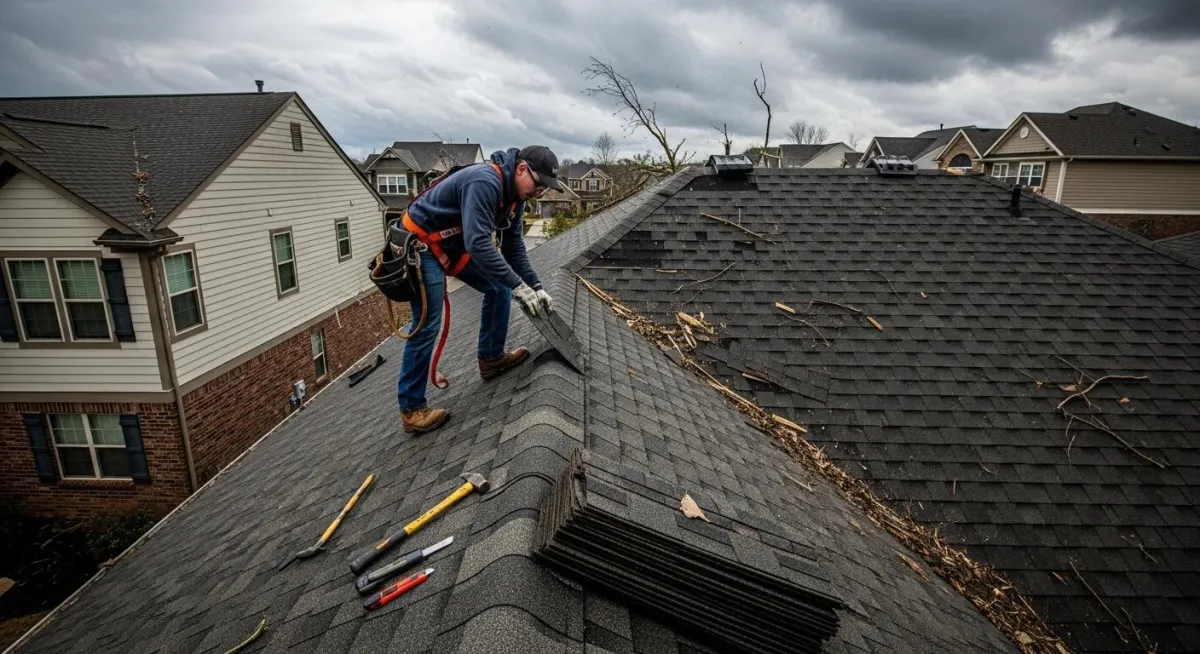 Technician replacing damaged shingles after severe weather