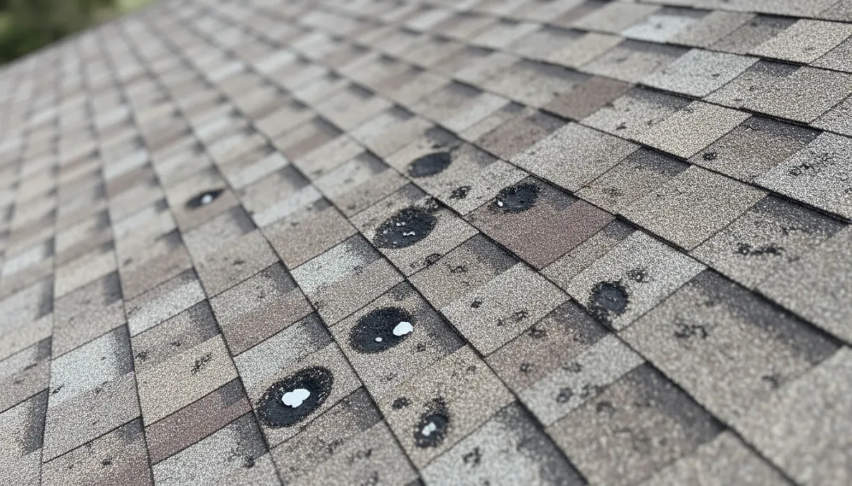 Hail-damaged shingles on residential roof in Leander, TX