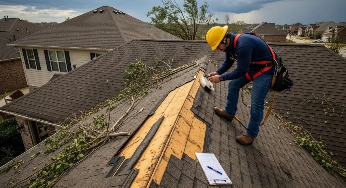 Roofing contractor inspecting storm damage after Texas hailstorm