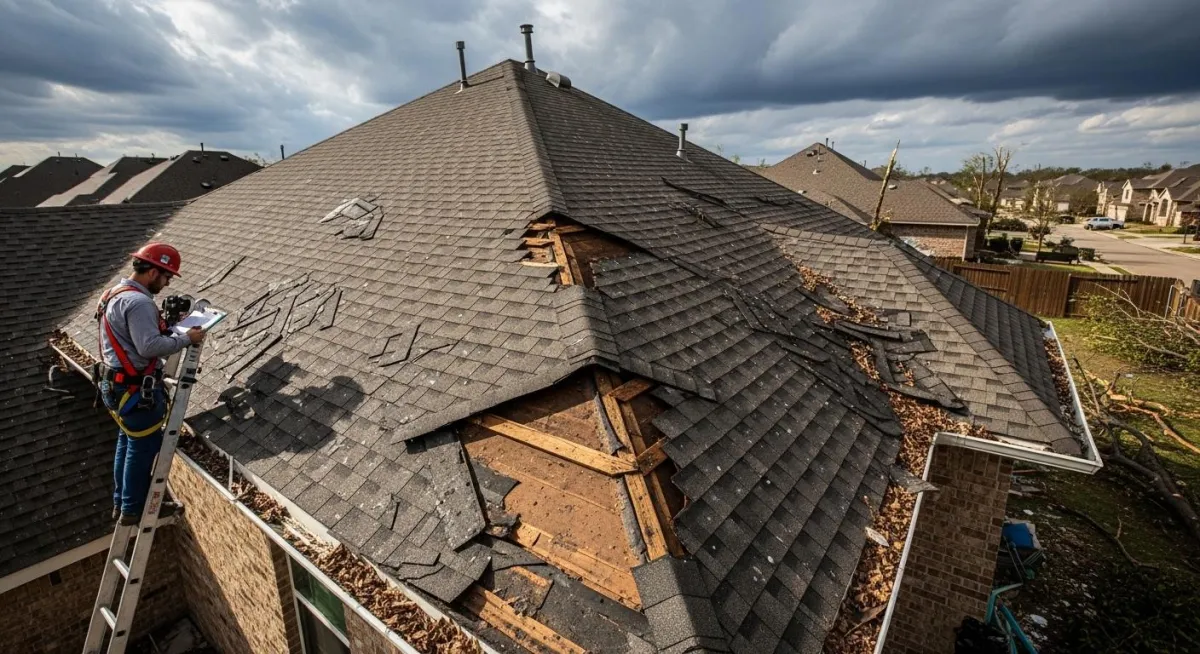 Wind-lifted shingles requiring repair in Leander neighborhood