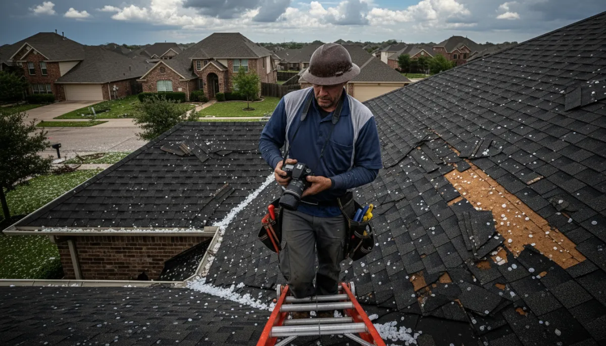 Roof inspection documenting storm damage for insurance claim