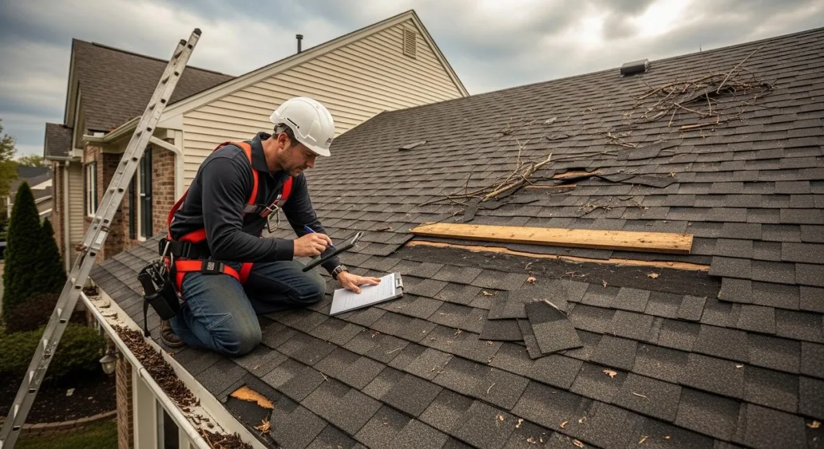 Close-up of granule loss from hail impact on asphalt shingles