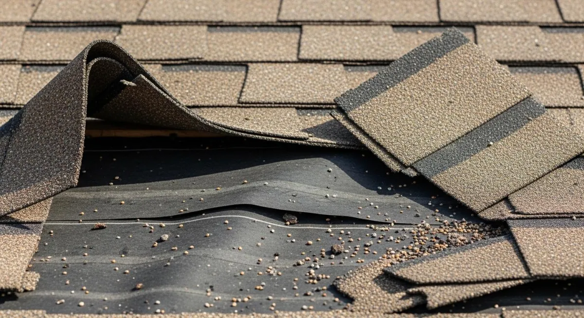 Wind-damaged shingles requiring immediate repair