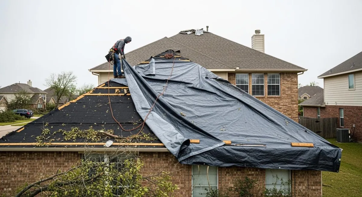 Emergency roof tarp installation after storm damage in Leander, TX