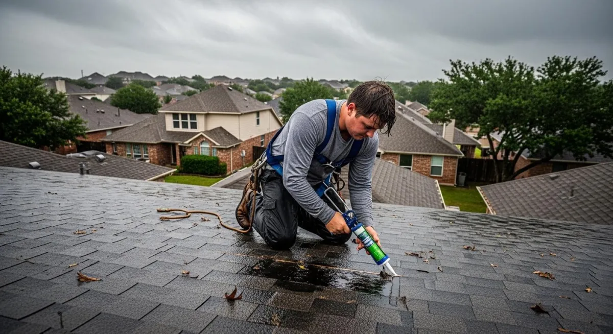 Active roof leak being sealed by roofing contractor