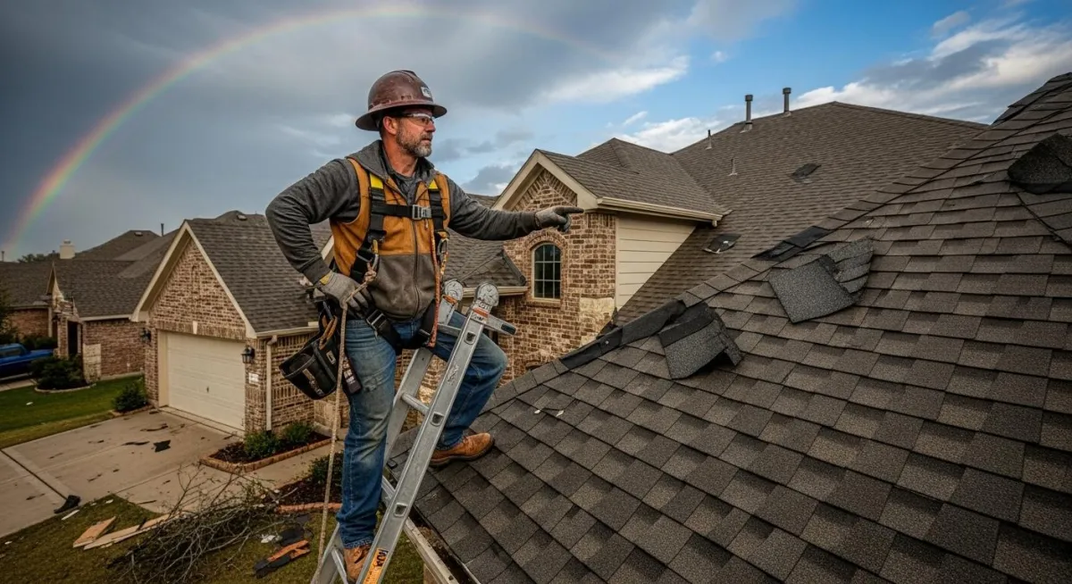 Roofing crew securing roof after severe Texas storm