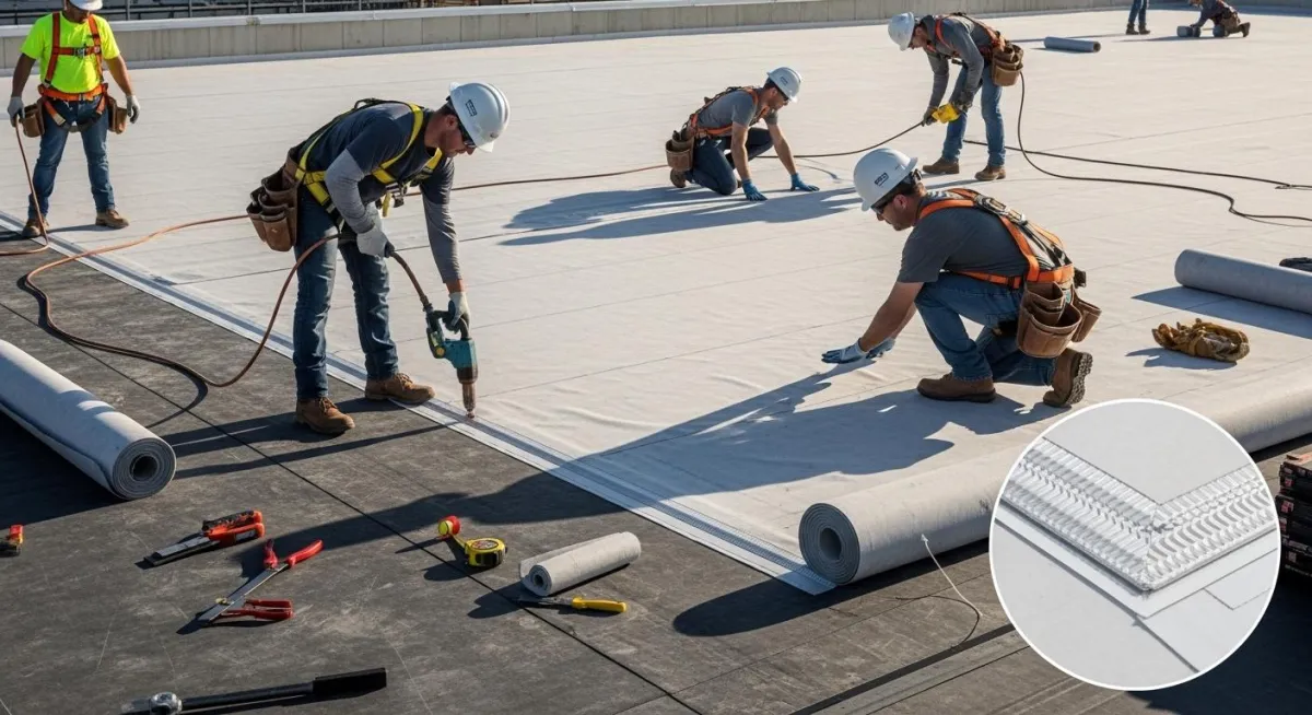 TPO membrane roofing system on office building