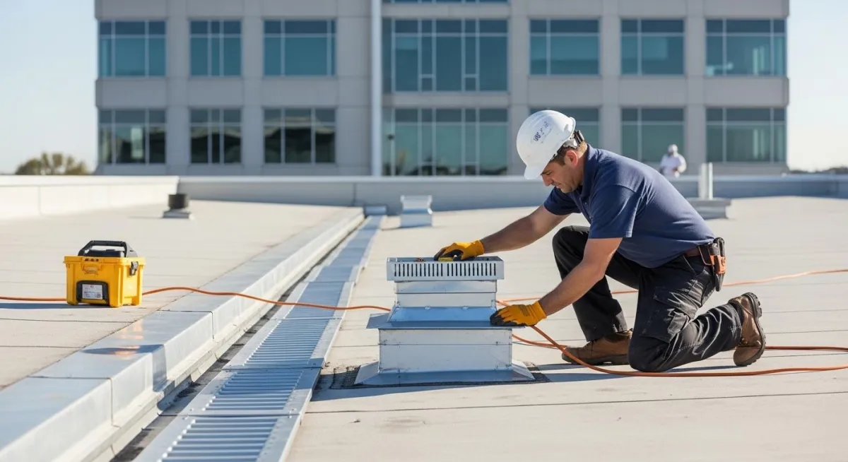 Roofer inspecting commercial roof drainage system